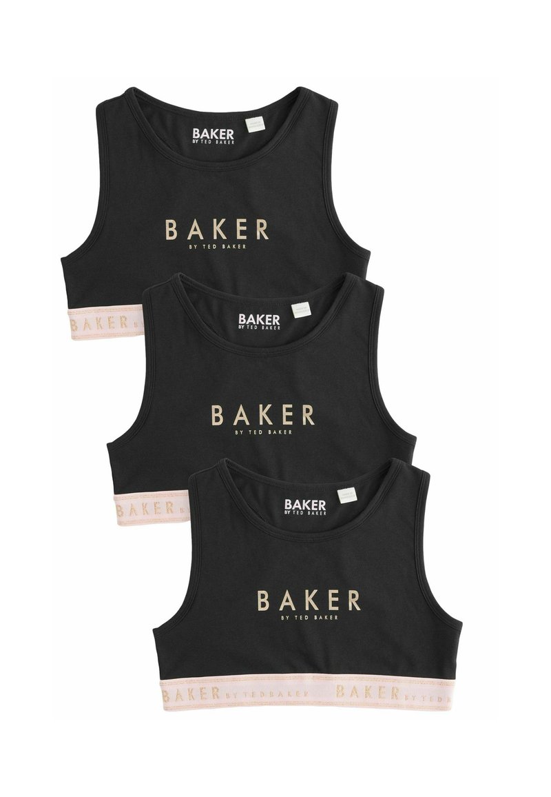 Tre sorte bomulds cropped tops med rund halsudskæring, guld "BAKER" logo på fronten og et kontrasterende pink elastisk bånd forneden.