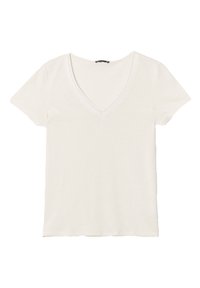 T-shirt bianco in cotone con scollatura a V e maniche corte, caratterizzato da una finitura testurizzata sottile e privo di motivi o grafiche.