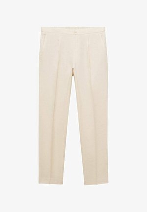 Pantalones de lino beige con corte recto, que presentan un frente plano, dos bolsillos laterales y un cierre de gancho en la cintura.