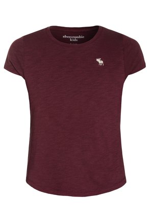 Bordeauxrotes Kinder-T-Shirt mit kurzen Ärmeln, rundem Ausschnitt und kleinem weißem Elch-Logo auf der linken Brust.