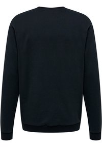Svart crewneck sweatshirt med långa ärmar, tillverkad av ett mjukt tyg. Har ribbade muddar och avslut, minimalistisk design, inga loggor eller mönster.