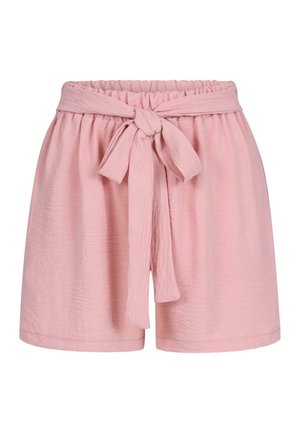 Shorts en coton rose clair avec une taille élastique et un détail de nœud à l'avant. Le tissu a une finition légèrement texturée.