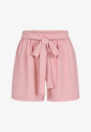 Svetloružové bavlnené šortky s elastickým pásom a detailom na zaväzovanie vpredu. Tkanina má mierne textúrovaný povrch.