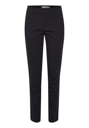 Pantalons noirs ajustés en tissu lisse ; dotés d'une fermeture à bouton à l'avant, de passants de ceinture et de jambes droites sans motifs prédominants.