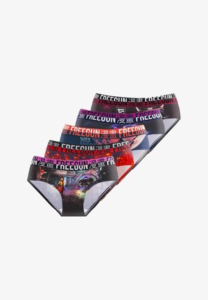 Cinq slips pour hommes avec des imprimés colorés sur le thème de la science-fiction et de la fantaisie, et des ceintures contrastantes portant le label « FREEGUN » dans des couleurs variées.