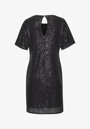 Zwarte jurk met korte mouwen, met een glinsterende structuur, voorzien van een keyhole opening aan de achterkant en een recht silhouet.