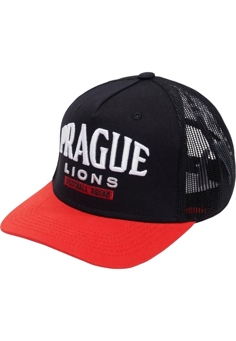 Black and red snapback cap featuring embroidered "PRAGUE LIONS" text and mesh back for ventilation. Flat peak design with textured fabric.