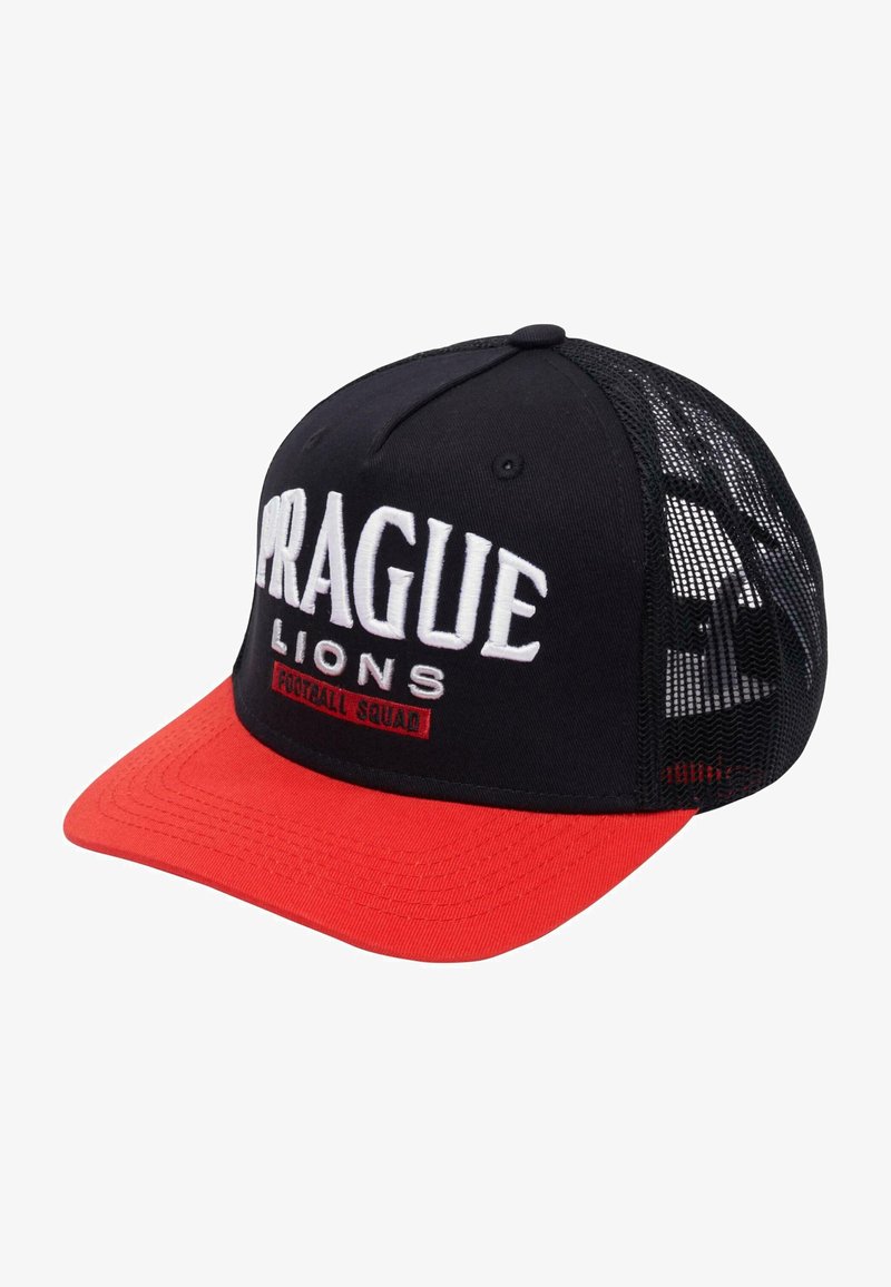 Black and red snapback cap featuring embroidered "PRAGUE LIONS" text and mesh back for ventilation. Flat peak design with textured fabric.