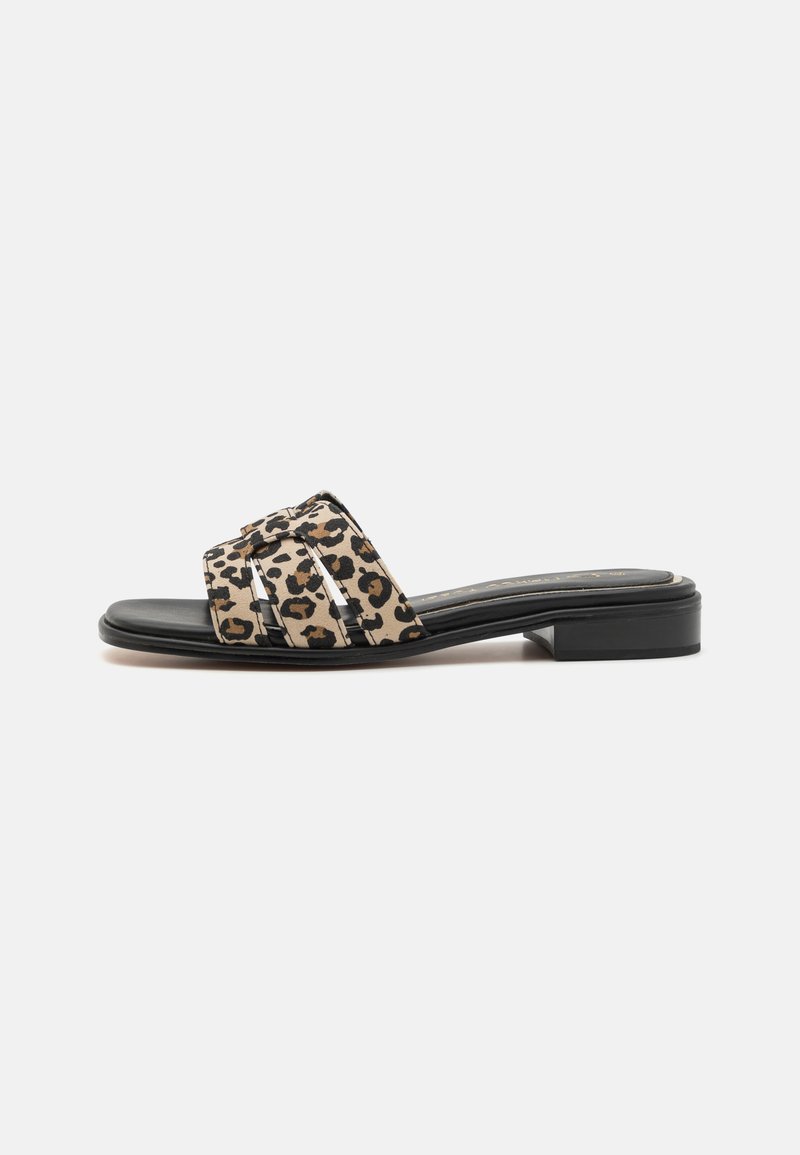 Leopard print slide sandals with a flat black sole. Features two wide straps and a smooth finish on the upper material.
