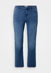 Dark blue denim jeans with a straight leg cut, five-pocket design, a button fastener, and subtle faded areas. Smooth texture.