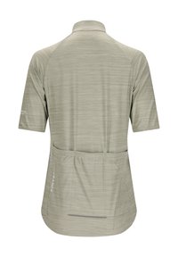 T-shirt de sport à manches courtes en gris clair, avec un motif texturé et rayé, un col haut et une poche au dos pour le rangement.