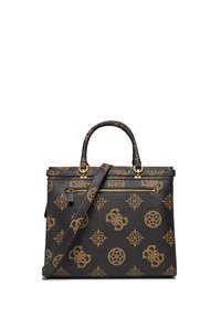 Borsa nera con texture e motivo a monogramma marrone. Caratterizzata da hardware dorato, doppi manici superiori e una tracolla staccabile.