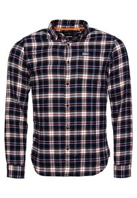 Camicia da uomo a maniche lunghe con bottoni, colore blu navy con motivo a quadri caratterizzato da linee bianche, rosse e gialle. Tessuto morbido con collo con risvolto.