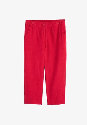 Raudoni lininiai kelnių su laisvu siluetu, dviem priekinėm kišenėm ir dviem sagomis juosmens srityje. Lygi tekstūra, trumpa koja.