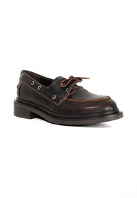 Brown leather shoe with a rounded toe, lace-up design, metal eyelets, and orange stitching. Flat sole with a slight heel.