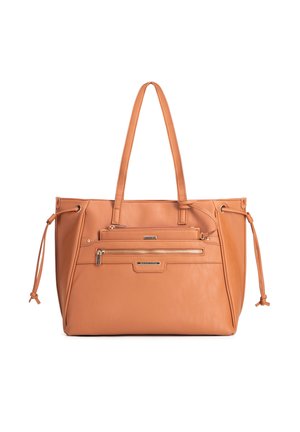 Sac cabas en cuir naturel avec deux poignées supérieures, poche zippée à l'avant et détails à cordon sur les côtés sur fond blanc.