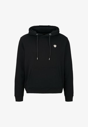 Schwarzer Kapuzenpullover mit einer Kängurutasche, silbernen Kordeln und einem kleinen Logo-Patch auf der oberen linken Brust. Baumwollmischgewebe.