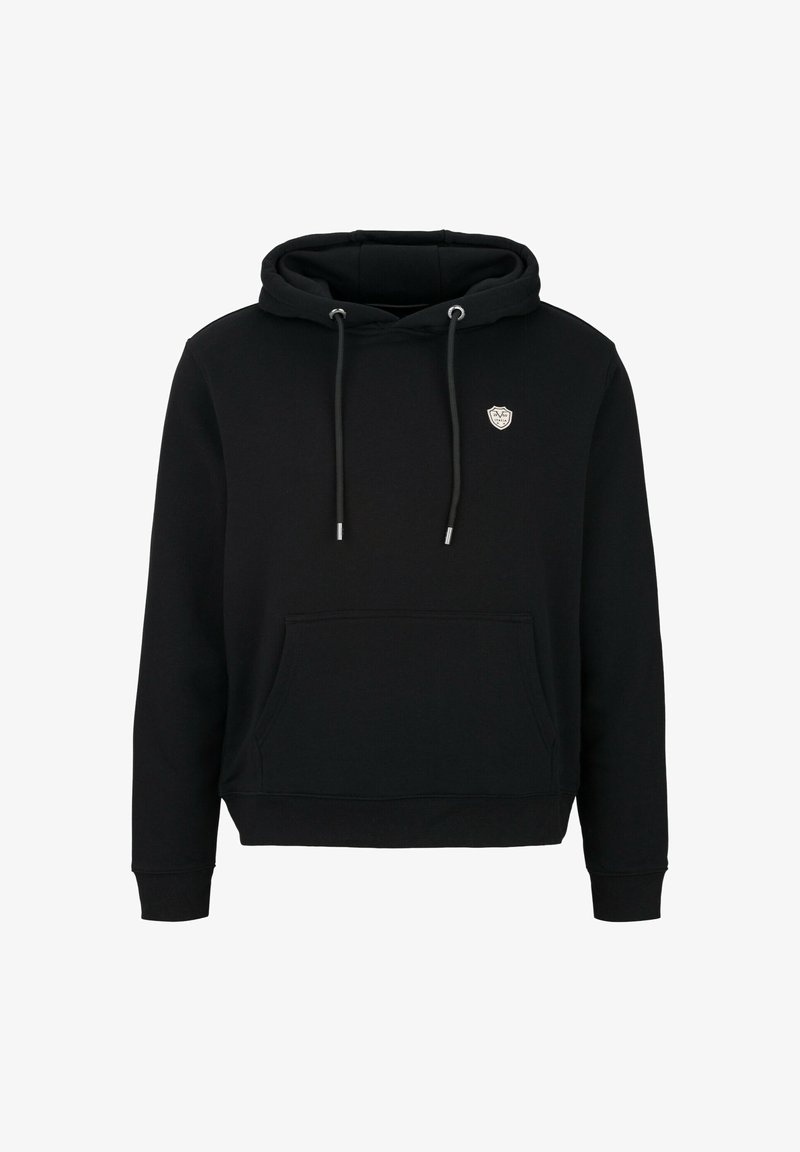 Schwarzer Kapuzenpullover mit einer Kängurutasche, silbernen Kordeln und einem kleinen Logo-Patch auf der oberen linken Brust. Baumwollmischgewebe.