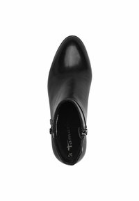 Bottines en cuir noir avec un bout pointu, fermeture éclair et accents minimalistes. Texture lisse avec un subtil éclat, taille 37.