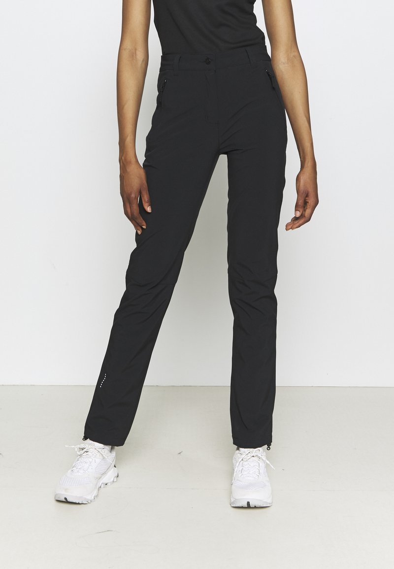 Black pants with a tailored fit, made of lightweight material. Features zippered pockets and ankle zippers for ease of wear.
