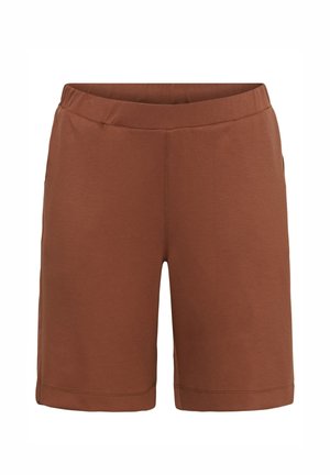 Shorts marron élastiques à la taille, longueur jusqu'aux genoux, avec des coutures simples et sans poches ni ornements visibles.