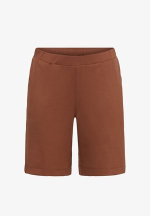 Pantaloncini marroni elasticizzati in vita, lunghezza al ginocchio, con cuciture semplici e senza tasche o decorazioni visibili.