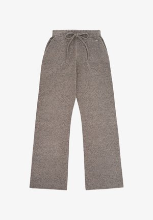 Pantaloni a gamba larga in maglia grigia con vita elastica, coulisse, tasche laterali e piccolo logo "VB" vicino alla vita.