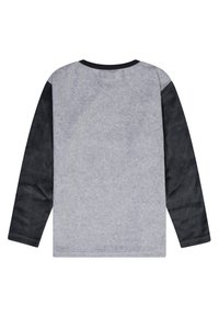 Chemise à manches longues présentant un corps gris avec des manches noires. Fabriquée en tissu doux, elle dispose d'un col rond et d'un design uni sans motifs.