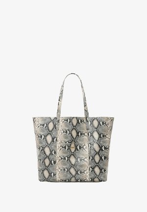 Duża torba na ramię w wzór węża w odcieniach szaro-beżowych. Posiada dwa mocne uchwyty i otwartą konstrukcję.