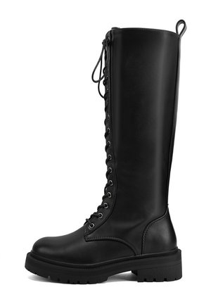 Stivali neri al ginocchio con lacci, realizzati in pelle liscia, dotati di una robusta suola in gomma e punta tondeggiante, con occhielli in metallo e lacci piatti.