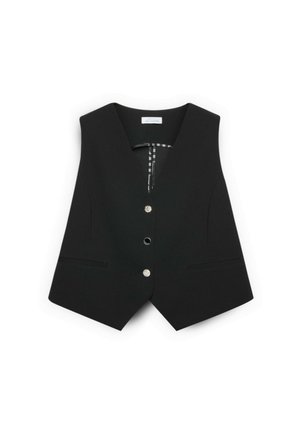 Sort ærmeløs vest med V-udskæring, tre dekorative knapper og to forlommer, vist fladt på hvid baggrund.