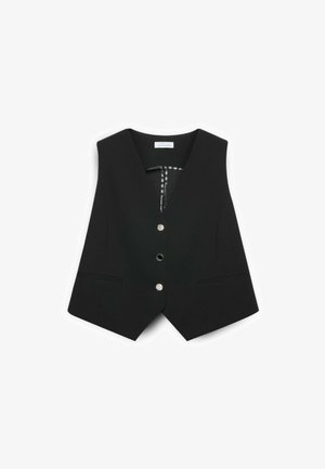 Sort ærmeløs vest med V-udskæring, tre dekorative knapper og to forlommer, vist fladt på hvid baggrund.