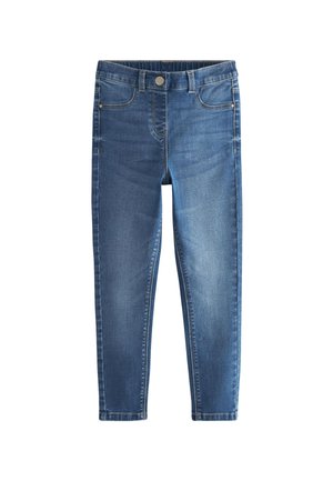 Blaue Denim-Jeans mit Vordertaschen, Gürtelschlaufen, Knopfverschluss und einem leicht ausgewaschenen Look auf weißem Hintergrund.