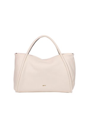Light beige leather handbag with curved silhouette, two top handles, and subtle embossed logo on the front. Smooth texture with no additional patterns.