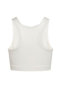 Witte sportbeha met brede schouderbanden en racerback-ontwerp, gemaakt van glad, rekbaar stof.