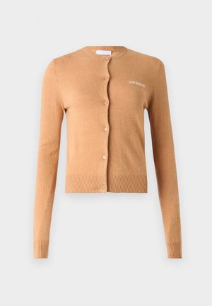 Caramel-colored cardigan, button-up design, long sleeves, ribbed cuffs and hem, soft texture, features "2ND DAY" embroidered on the chest.