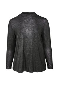Langsleeve top met een neklijn, gemaakt van zwarte stof met een metallic glans. Losse pasvorm met een zachte textuur en minimale naden.