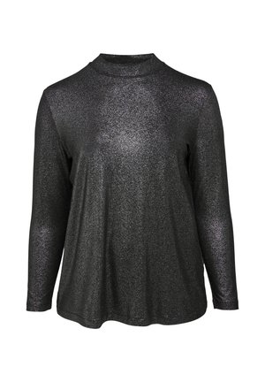 Langärmliges Oberteil mit Mockneck, aus schwarzem Stoff mit metallischem Glanz. Lockere Passform mit sanfter Textur und minimalen Nähten.