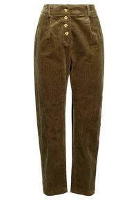 Pantalon en velours côtelé marron taille haute avec quatre boutons à l'avant et poches latérales, coupe droite.