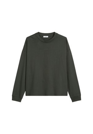 Dark green long-sleeve crewneck shirt with ribbed cuffs and subtle embroidered logo centered on the chest.