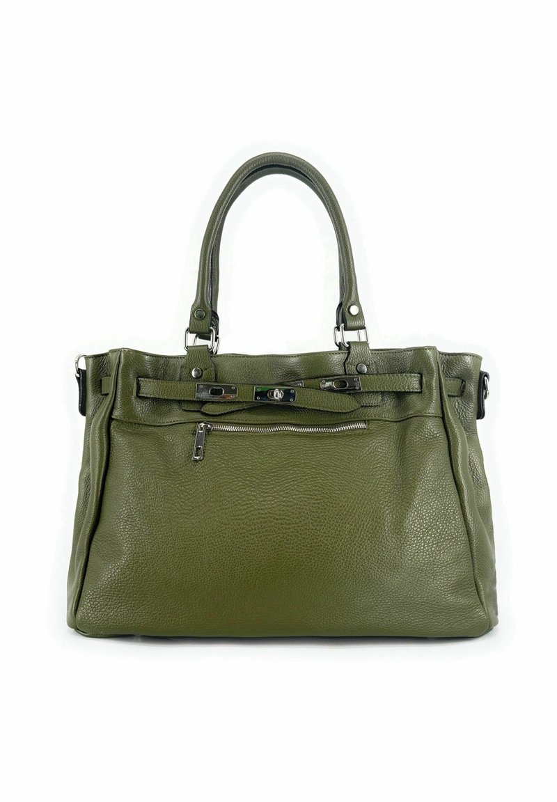 Sac à main en cuir vert olive avec double anses, poche zippée à l'avant et détails en métal argenté au niveau de la boucle et du fermoir sur la sangle avant.