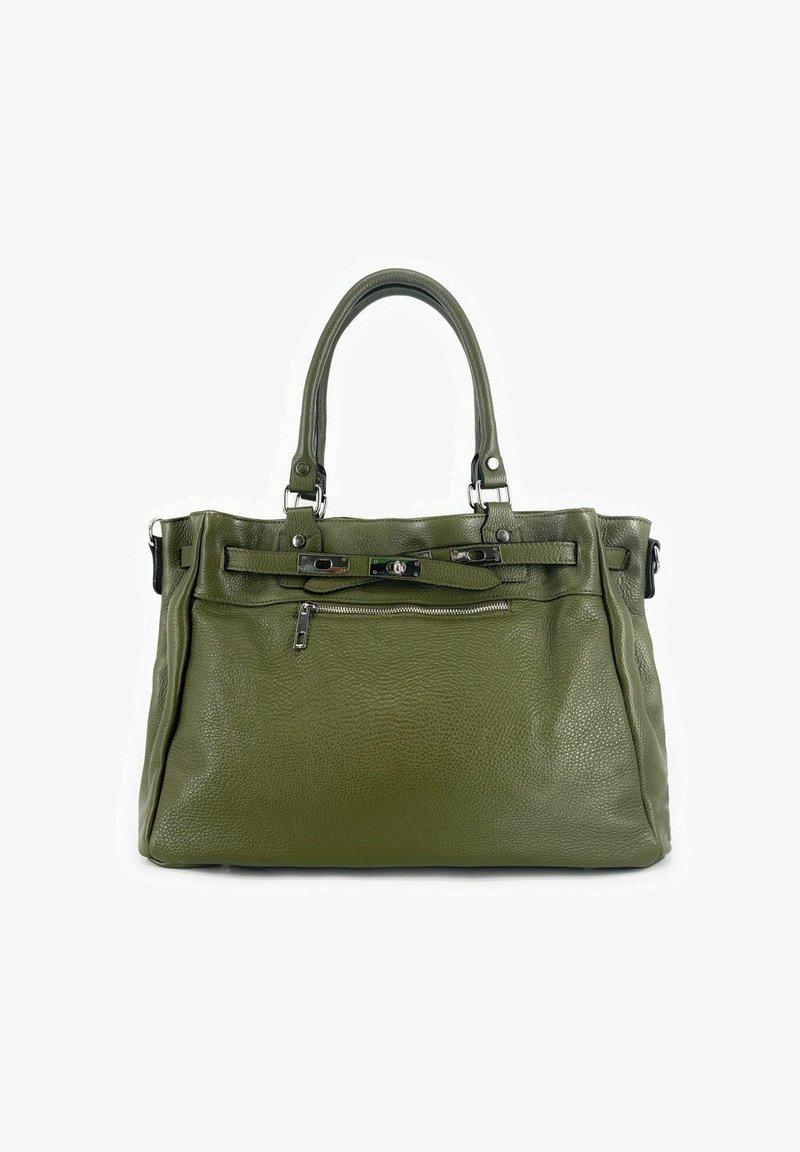 Sac à main en cuir vert olive avec double anses, poche zippée à l'avant et détails en métal argenté au niveau de la boucle et du fermoir sur la sangle avant.