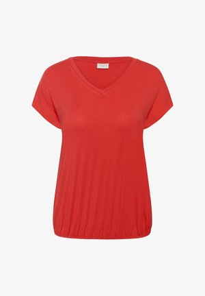 Rotes Damenoberteil mit kurzen Ärmeln, V-Ausschnitt und gerafftem elastischem Saum, aus weichem, leichtem Stoff.