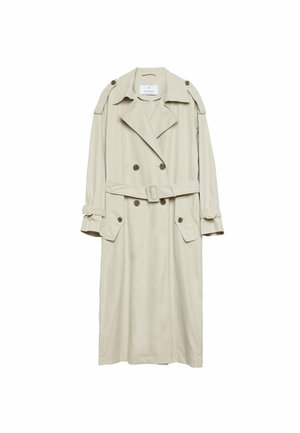Light beige trench coat with double-breasted buttons, belted waist, shoulder straps, and flap pockets on a white background.