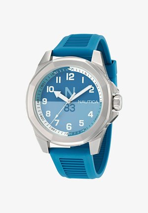 Orologio Nautica con cassa in acciaio inossidabile argentato, quadrante blu, indicatori delle ore bianchi e cinturino in gomma blu con texture rigata.
