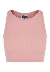 Crop top côtelé rose avec col rond et design sans manches, taille XS, étiquette de la marque Urban Classics visible à l'intérieur du col.