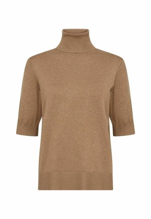 Lystebrune kortærmede turtleneck sweater lavet af blødt strikmateriale, med ribbet krave og kant, og en glat tekstur.