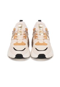 Zapatillas con una mezcla de marrón, beige y detalles dorados. Presentan materiales de malla y ante, suelas texturizadas y cordones prominentes.