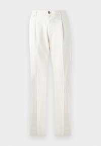 White cotton trousers with a straight leg design, featuring a button closure, two front pockets, and pleats for added texture.