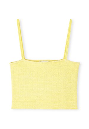 Gelbes, kürzeres Tanktop mit dünnen Trägern, strukturiertem Stoff und geradem Ausschnitt. Besitzt eine figurnahe Passform und einen sauberen Saum.